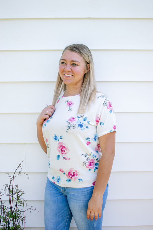 Ivory Short Sleeve Floral Cinch Waist