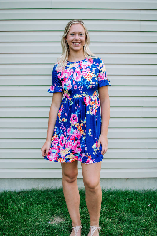 Dark Blue Ruffled Short Sleeve Floral Dress