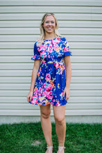 Load image into Gallery viewer, Dark Blue Ruffled Short Sleeve Floral Dress
