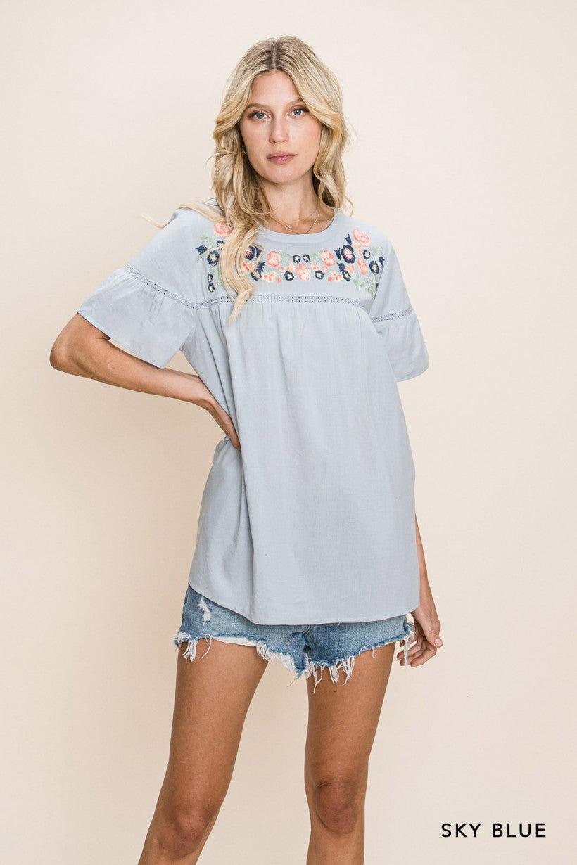Sky Blue Embroidered Detailed Top