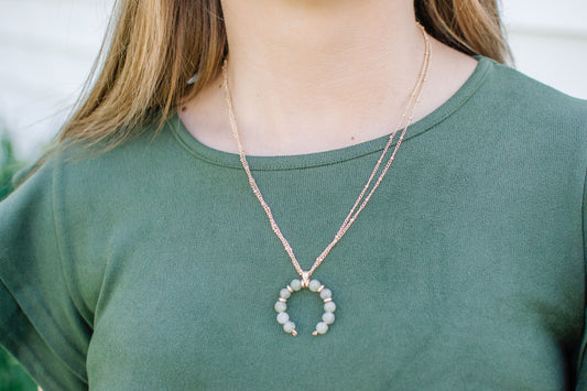 Gray Beaded Crescent Pendant Necklace