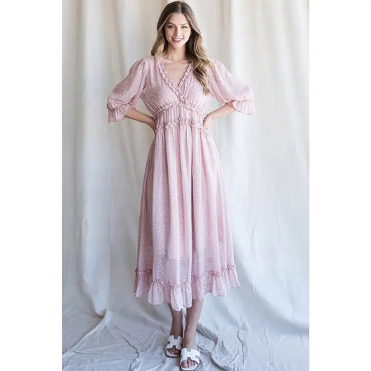 Pink ruffle trim maxi dress