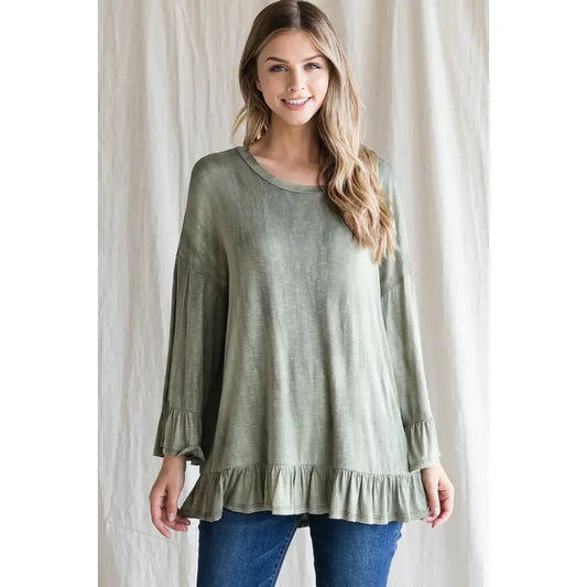 Olive trumpet sleeve top