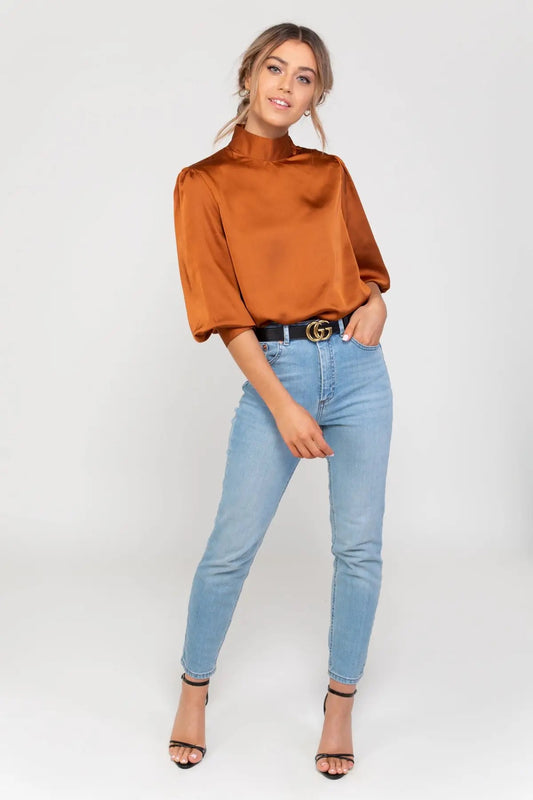 Burnt Orange 3/4 Sleeve Satin Blouse