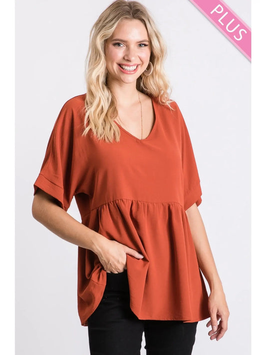 Rust V Neck Babydoll Top