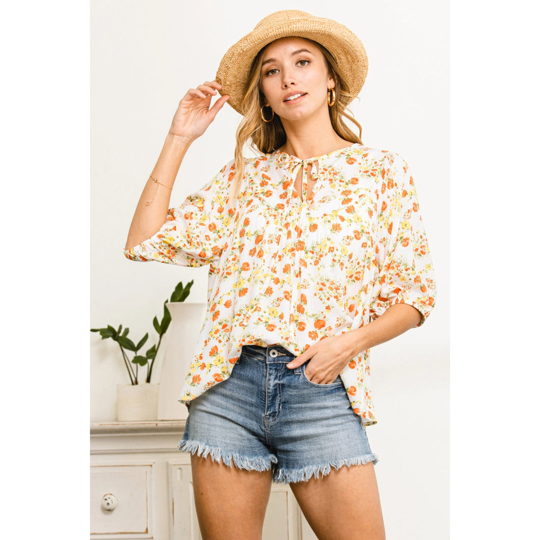 Ivory Floral Summer 3/4 Sleeve Blouse