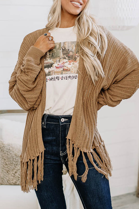 Khaki Fringe Knit Cardigan