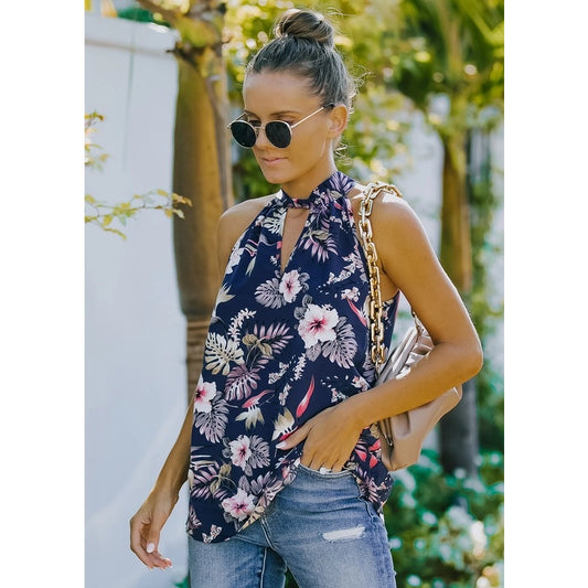Navy Floral High Neck Blouse