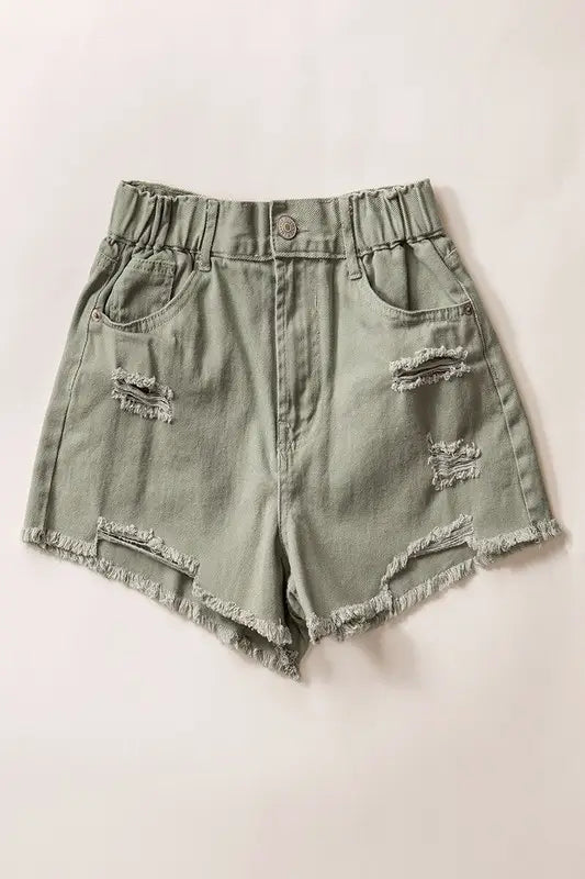 Olive Elastic Waist Denim Shorts