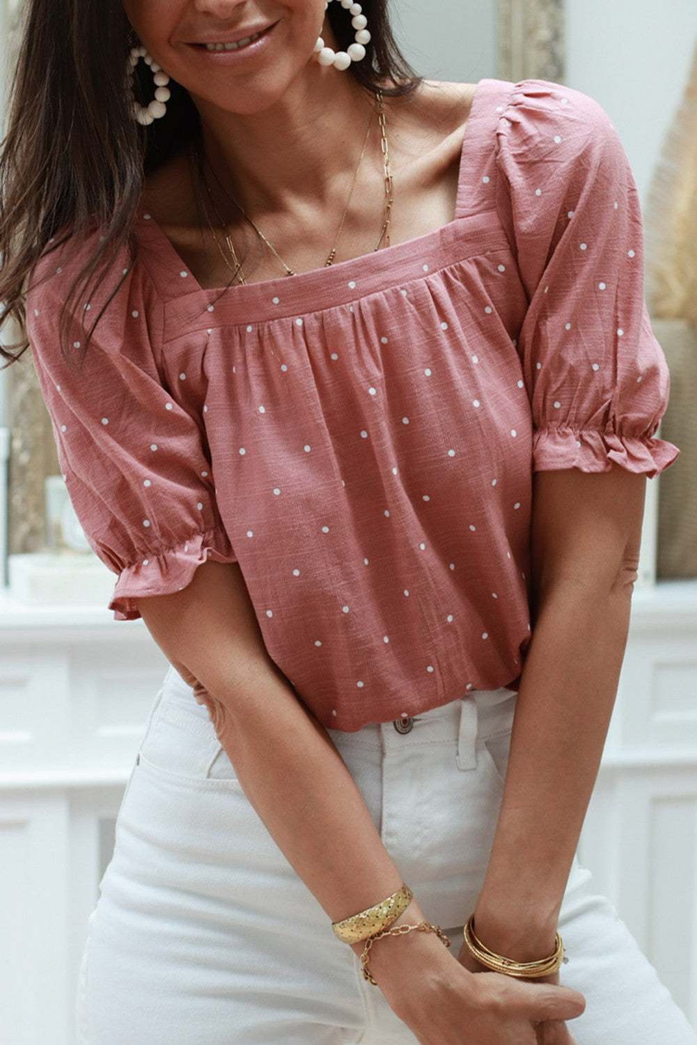 Pink Dotted Blouse with Tie Back