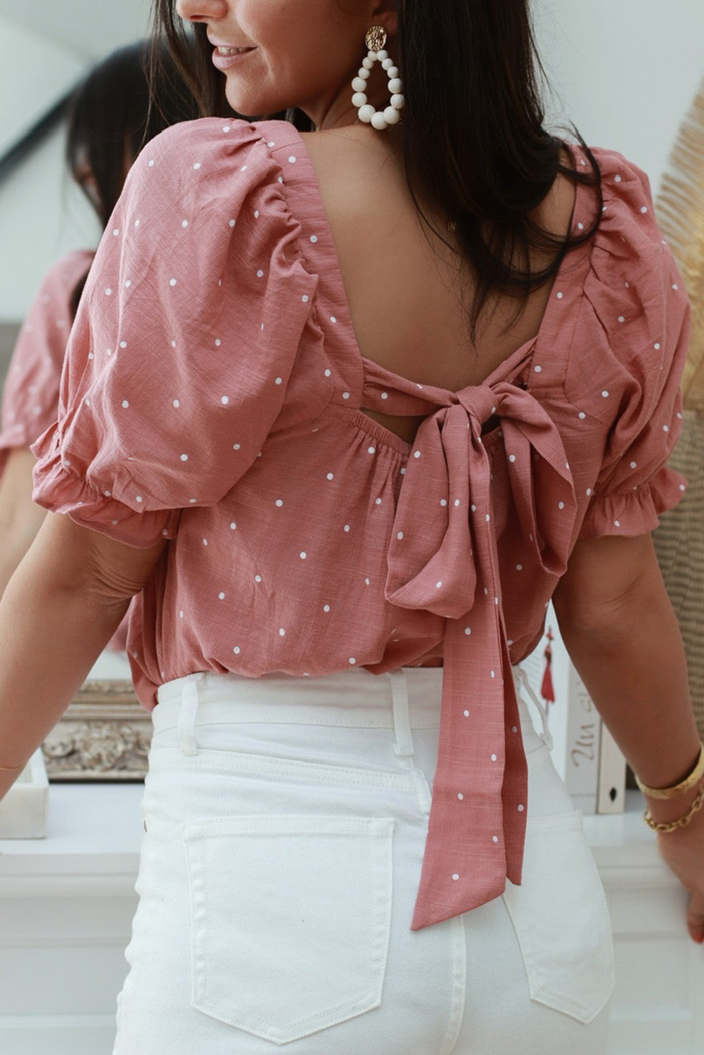 Pink Dotted Blouse with Tie Back